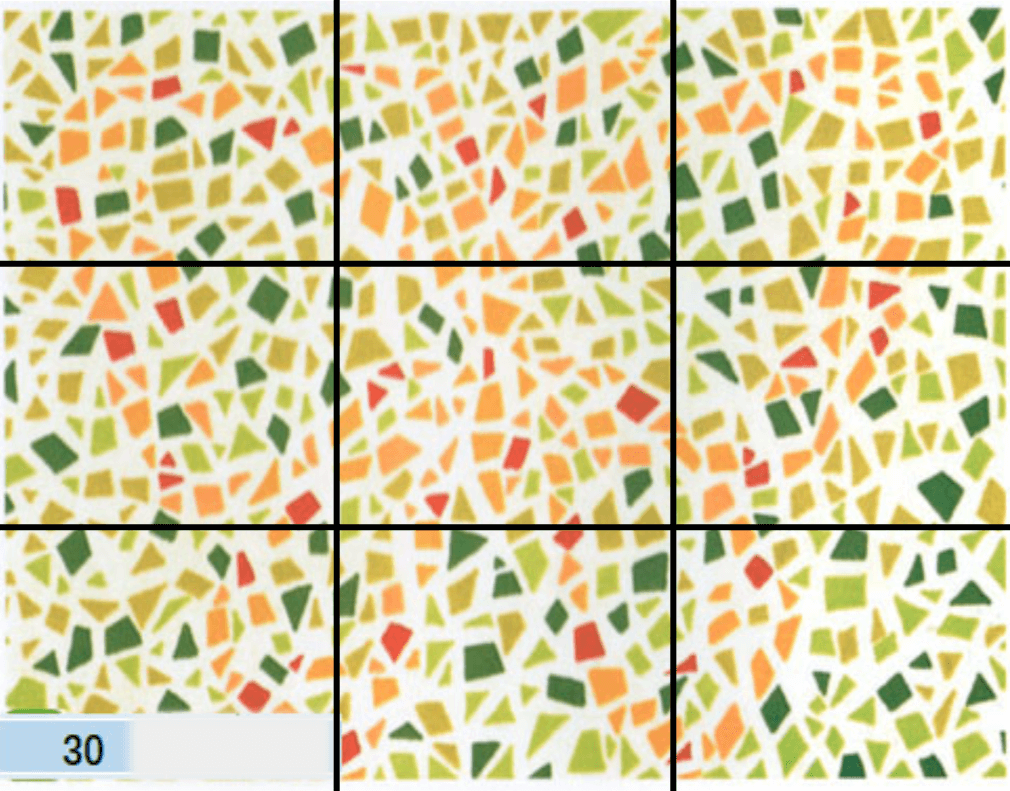 中央（第 5 格）竖直方向有条红头（1 节）橙身（3 节）虫