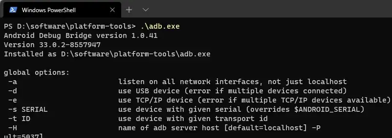 在 platform-tools 目录下运行命令行工具的结果
