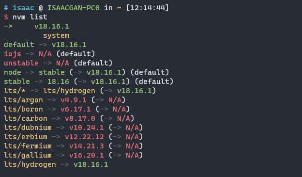 nvm list 命令输出内容